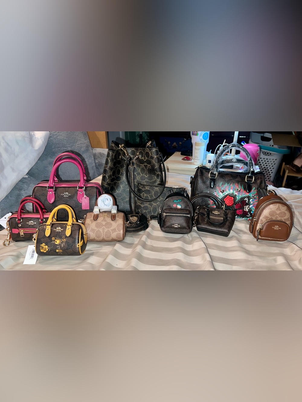 Coach Br/Blk Sig tinies- mini/micro rowans, mini bennett, sm backpacks & bucket